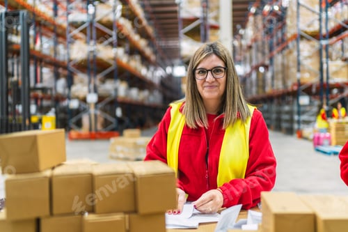 Preview: Senior Female warehouse worker checking inventory and managing logistics