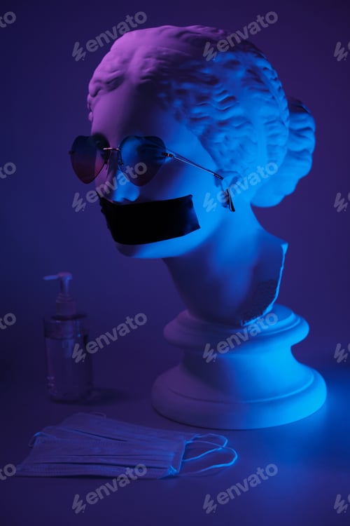 Preview: Concepts of a female bust with taped mouth and glasses