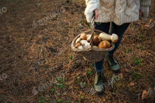 Preview: Woman holding basket with porcini mushrooms in forest, closeup