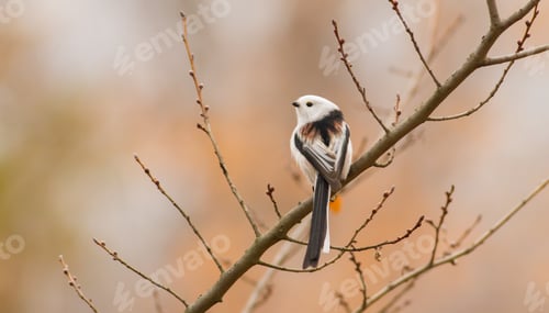 Preview: Long-tailed Tit, Autumn morning in the forest. Beautiful little bird sitting on a branch