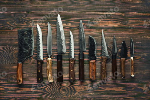 Preview: A collection of various kitchen knives displayed on a rustic wooden table