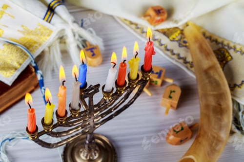 Preview: Jewish holiday hannukah symbols - menorah. Copy space background.