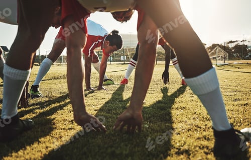 Preview: Soccer field, sports men and stretching body on sports stadium grass to start training, fitness and