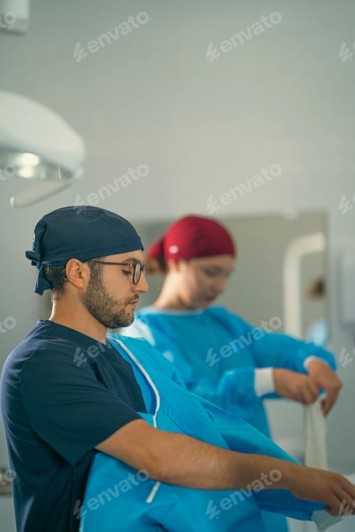 Preview: Two surgeons in a hospital preparing for surgery, wearing blue and red caps, focused on their tasks
