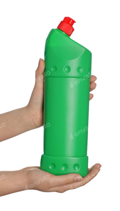 Preview: Woman holding bottle of liquid toilet cleaner on white background, closeup