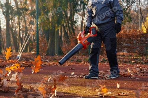 Preview: Anonymous professional working with heavy leaf blower.