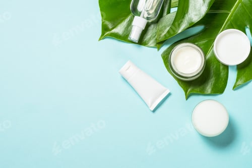 Preview: Natural cosmetic products at color background.