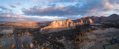 Preview: Aerial panoramic view of a landmark, Smith Rock. American Nature Background