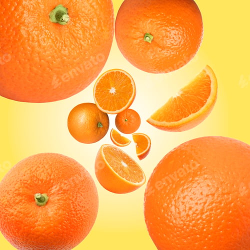 Preview: Fresh oranges swirling in air against golden background. Citrus fruit