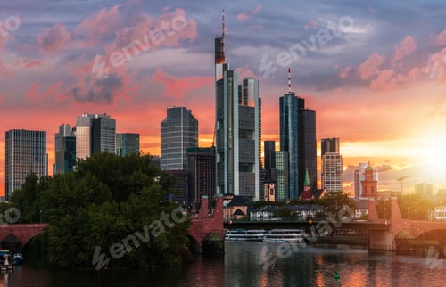 Preview: Summer Sunset Sky Over Frankfurt am Main Skyline