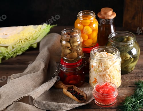 Preview: fermented vegetables in glass jars healthy food