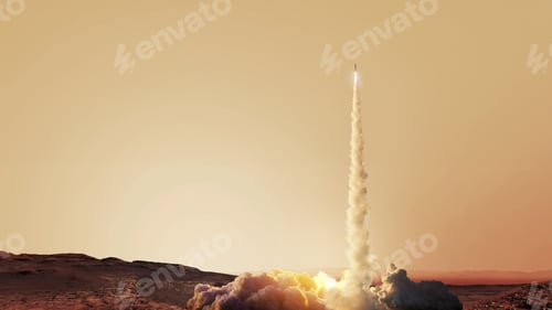 Preview: Spaceship rocket takes off with smoke and blast on the red planet Mars. Mars space mission