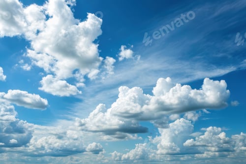 Preview: Bright fluffy clouds drifting across a clear blue sky