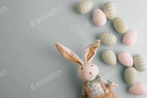 Preview: Easter eggs and rabbit toy on pastel background. Top view