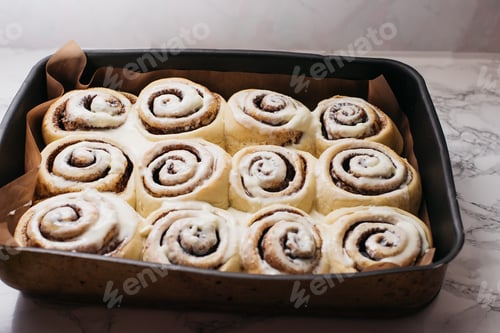 Preview: Freshly sweet baked cinnabon buns with cream chees sauce on baking paper