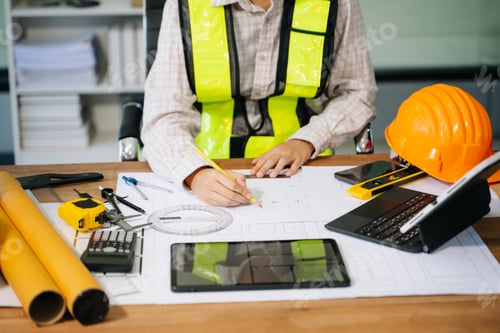 Preview: Businessman hand working and laptop with on on architectural project at construction site