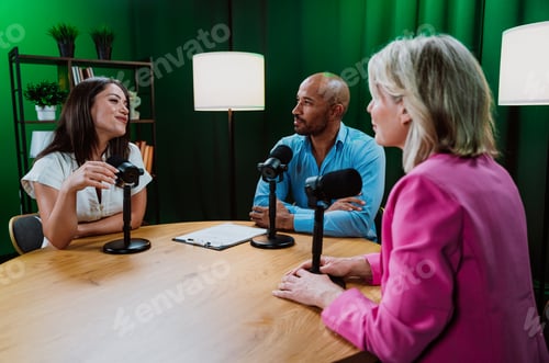 Preview: Group of three diverse hosts having a podcast discussion