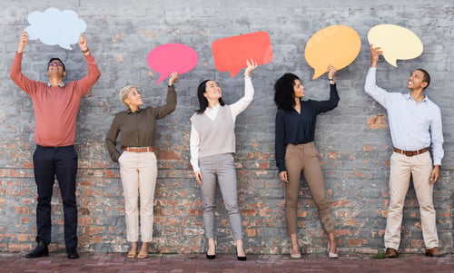 Preview: Speech bubble, communication and feedback with business people and mockup for social media, vote an