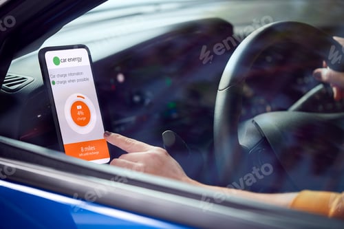 Preview: Woman Driving Electric Car With Cable Using App On Phone To Monitor Battery Level