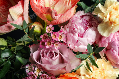 Preview: Beautiful fresh bouquet as background, top view. Floral decor
