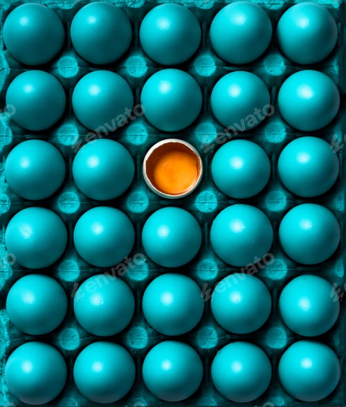Preview: Open Egg with Yolk Stand Out from Pastel Blue Eggs Crowd. Flat Lay Top Down Abstract Patter