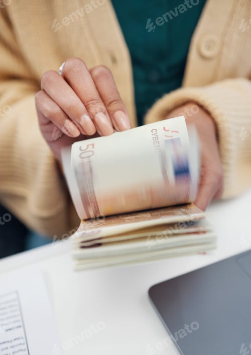 Preview: Hands, budget and a business person counting money closeup in the office of a bank for accounting.