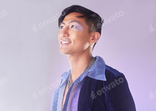 Preview: Makeup, smile and fashion, lgbt man from Indonesia with confidence isolated on purple background. H