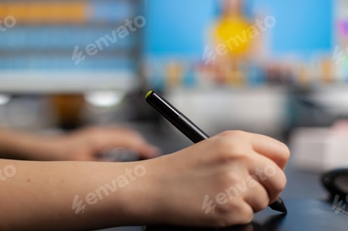 Preview: Close up of color designer freelancer photographer editing customer photo