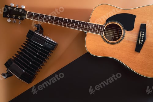 Preview: Flat lay, music background with acoustic guitar.