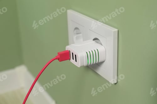 Preview: USB adapter with cable plugged into electric socket on light green wall, closeup