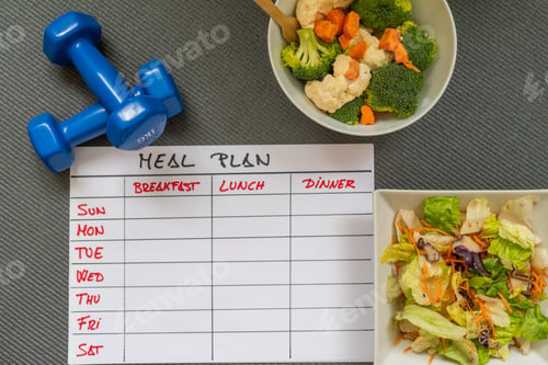 Preview: Healthy lifestyle planning with meal plan, salad, and dumbbells