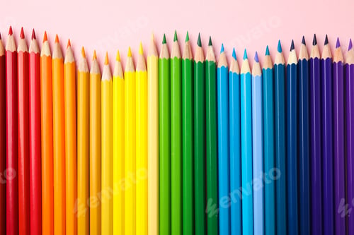 Preview: Flat lay composition with color pencils on pink background