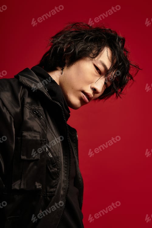 Preview: Crimson Mood an Asian Male Model Poses in Fashionable Black Outfit