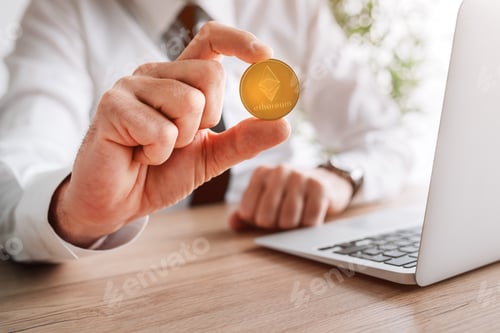 Preview: Ethereum cryptocurrency investor concept, businessman offering one crypto currency coin