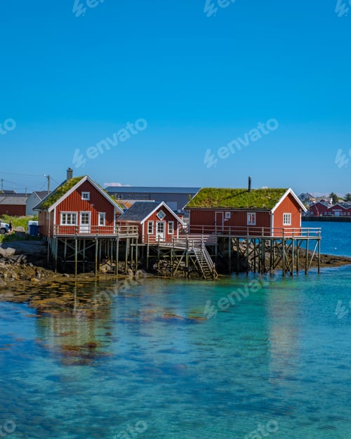 Preview: Red Roofed Houses on Stilts in Norway, Reine, Lofoten, Norway