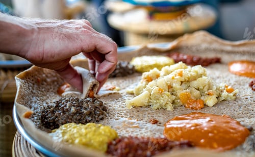 Preview: Closeup of a hand of a person grabbing traditional Ethiopian snack