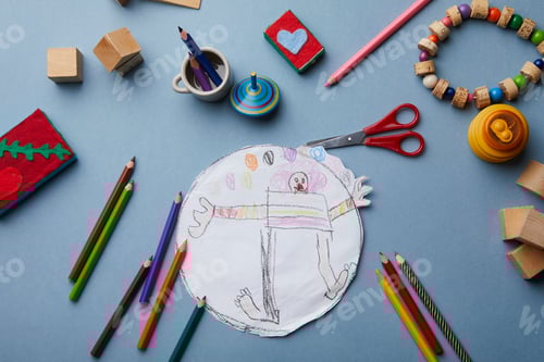 Preview: Child's drawing, coloured pencils and accessories