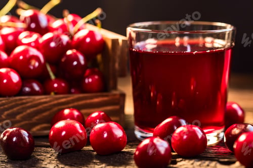 Preview: Fresh cherries in a wooden box and cherry juice