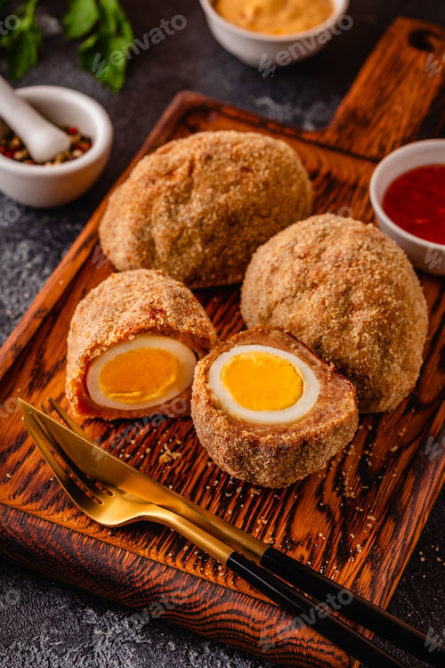 Preview: Traditional Scotch Eggs on a wooden board.