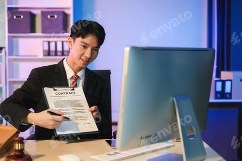 Preview: Serious pensive lawyer working at desk in office.