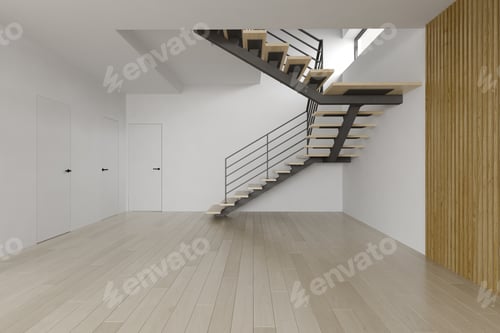 Visualização: Sala vazia interior com renderização 3D de escada