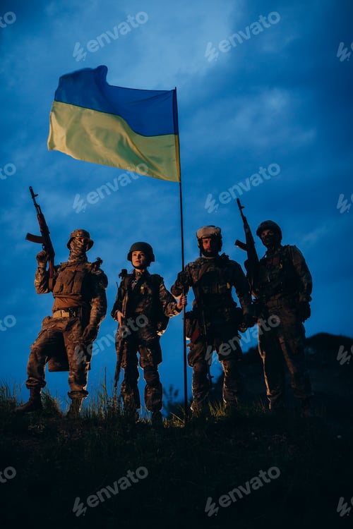 Preview: Portrait of armtd Ukrainian patriots with blue and yellow flag
