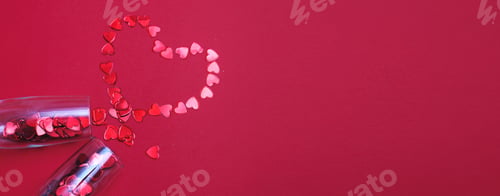 Preview: Glass of champagne with red hearts on red background.