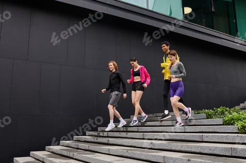 Preview: Young athletes run down the stairs in a modern urban setting on a sunny day