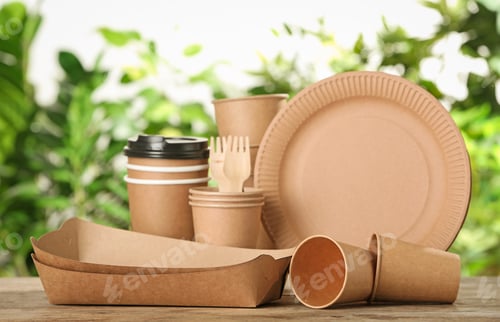 Preview: New paper dishware on wooden table against blurred background. Eco life