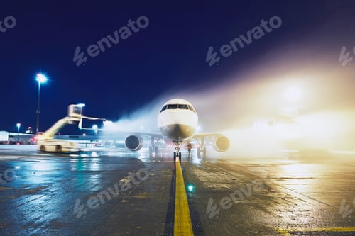 Preview: Airplane Being De-Iced on the Runway at Night