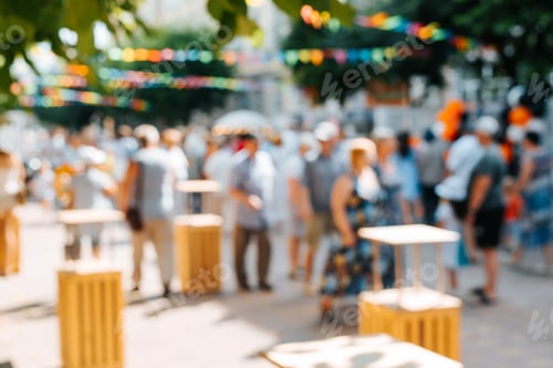 Preview: Defocused crowd of people at street festival in city walking along street decorated