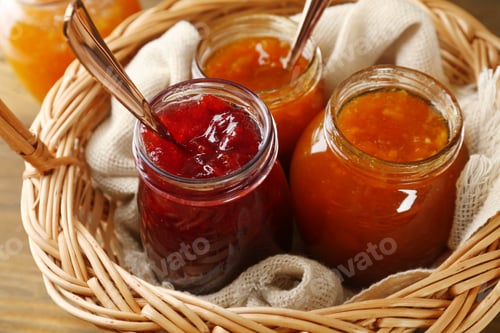 Preview: Jars with different sweet jam in wicker basket, closeup