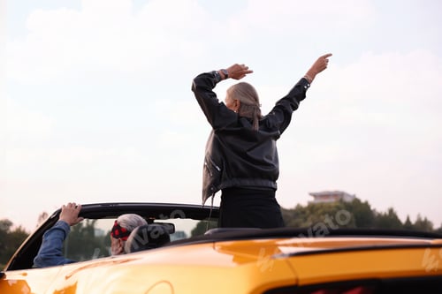 Preview: Senior couple enjoying cabriolet ride in city, back view. Woman with wide open arms