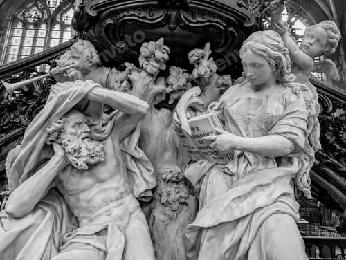 Preview: Grayscale shot of the sculptured pulpit in St. Bavo's Cathedral. Ghent, Belgium.